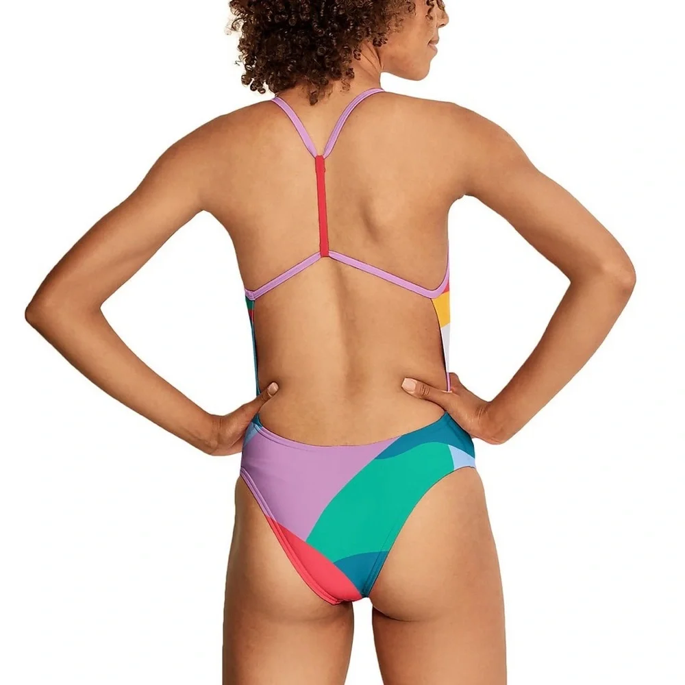 NWT Speedo Eco Endurance Cheeky T-Strap One Piece Swimsuit in Geo Colorblock - S